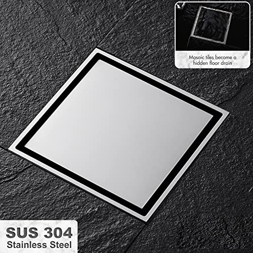 Micmi 6 Inch Shower Floor Drain with Adjustable Quadrato Pattern Grate, 304 Stainless Steel, PVC Shower Drain Base, Rubber Gasket, Hair Strainer (1 Pack, Brushed Nickel, 6 in Tiled with Flange) - size: 6 IN Tiled with Flange