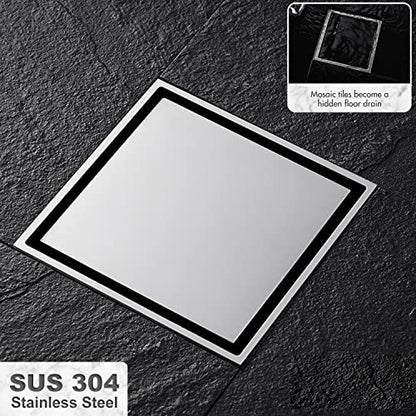 Micmi 6 Inch Shower Floor Drain with Adjustable Quadrato Pattern Grate, 304 Stainless Steel, PVC Shower Drain Base, Rubber Gasket, Hair Strainer (1 Pack, Brushed Nickel, 6 in Tiled with Flange) - size: 6 IN Tiled with Flange