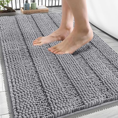 OLANLY Thick Bathroom Rugs 34x21, Soft Chenille Striped Bath Rugs, Grey | Rubber Backing, Machine Wash, Extra Absorbent Bath Mats for Bathroom Floor, Tub and Shower, Home Decor Accessories - color: Grey, size: 34" X 21"