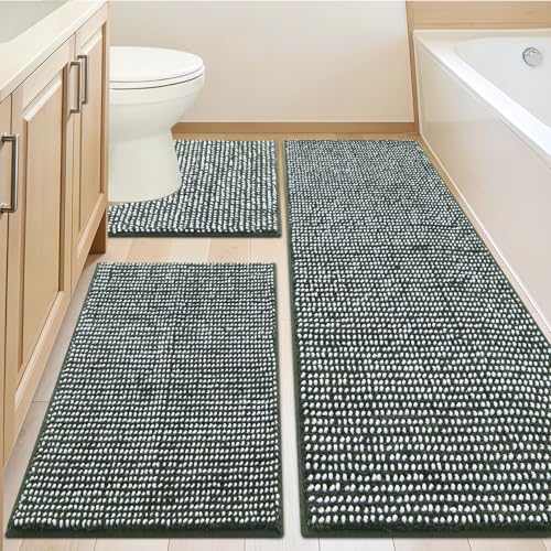 3 Piece Luxury Chenille Bathroom Rugs Non Slip, Extra Soft Absorbent Striped Bath Mats for Bathroom, Machine Washable Quick Dry Shower Floor Rug, Home Decor Accessories, Green & White - color: Green & White, size: 24" x17" + 48" x20" + U Shape 24" x20"
