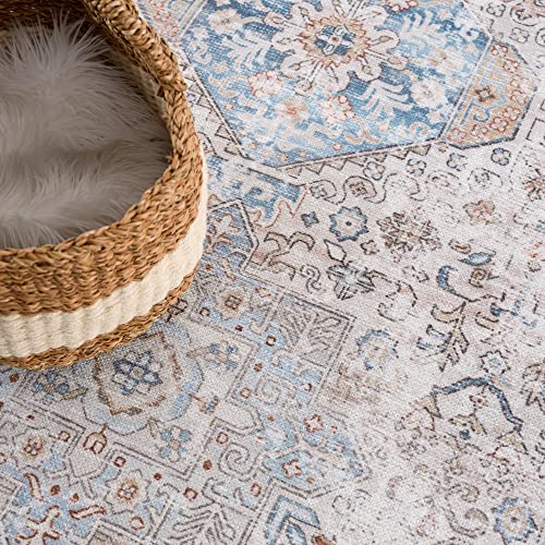 Bloom Rugs Caria Washable Non-Slip 5x7 Rug - Beige/Ocean Blue Traditional Area Rug for Living Room, Bedroom, Dining Room, and Kitchen - Exact Size: 5' x 7' - color: Beige / Ocean Blue, size: 5' x 7' (Rectangular)