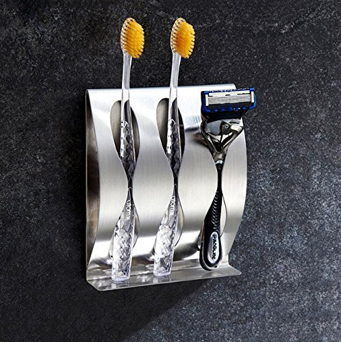 Stainless Steel Wall Mount Bathroom Toothbrush Holder, Bathroom Cabinet Organizer Accessories, 1 Toothbrush with 3M Self-Adhesive + 1 Toothpaste Holder Dispenser, Razor Holder