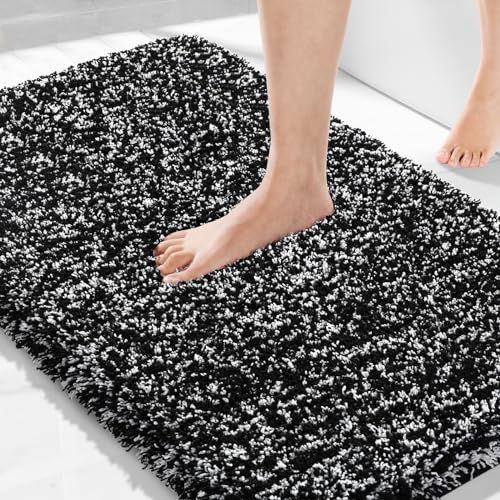 Yimobra Black and White Bathroom Rugs Non Slip Washable 36X24, Ultra Soft and Water Absorbent Bath Mats, Plush Fluffy Shower Mat Outside, Luxury Microfiber Thick Matts for Bathroom Floor/Tub - color: Black and White, size: 36" X 24"
