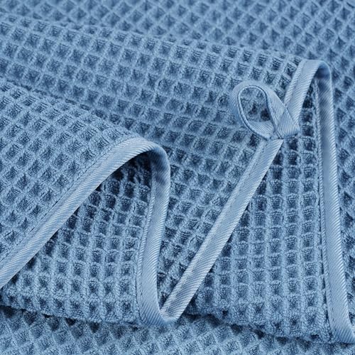 POLYTE 430 GSM Poly Blend Microfiber Quick Dry Waffle Bath Towel Set of 6 | 2-Body Towels, 2-Hand Towels, 2-Wash cloths, Oversize, Lint Free - color: Blue