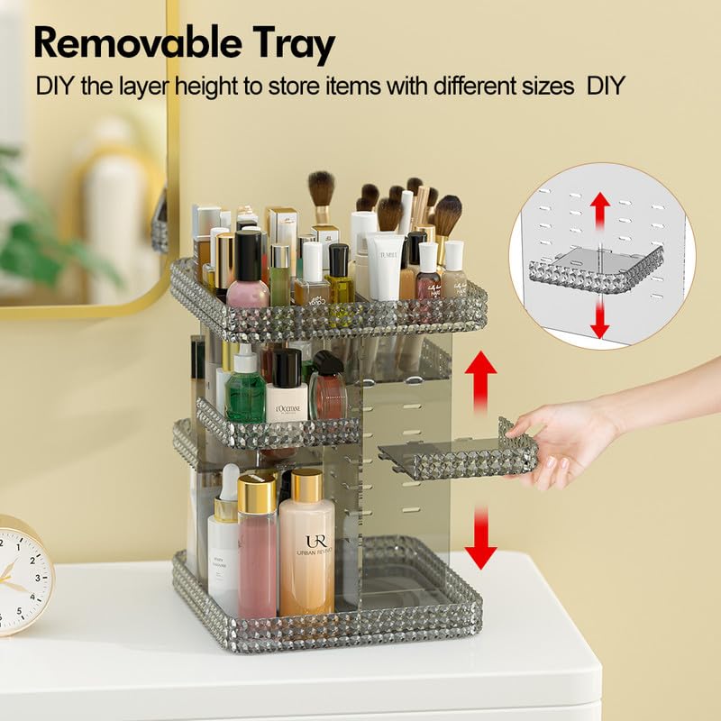 Makeup Organizer 360 Rotating Cosmetic Organizer, DIY Adjustable Makeup Carousel Spinning Holder Rack, Large Capacity Cosmetic Display Cases Vanity Countertop Fits Makeup Brushes Lipsticks (Grey) - color: Grey