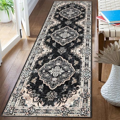 Black Runner Rug Washable 2x8 Area Rugs Non Slip Low-Pile Floral | Long Throw Carpet for Hallways Entryway Kitchen Bathroom Bedside Bedroom Laundry Boho Soft Indoor Vintage Bohemian Flowers - color: Black, size: 2' x 8' (Rectangular)
