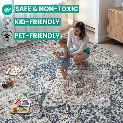 Bloom Rugs Caria Washable Non-Slip 7 ft Runner - Terracotta/Teal Traditional Runner for Entryway, Hallway, Bathroom, and Kitchen - Exact Size: 2'6" x 7' - color: Terracotta / Teal, size: 2'6" x 7' (Runner)