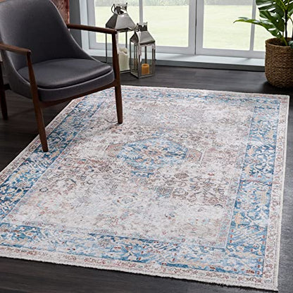 Bloom Rugs Caria Washable Non-Slip 4x6 Rug - Beige/Ocean Blue Traditional Area Rug for Living Room, Bedroom, Dining Room, and Kitchen - Exact Size: 4' x 6' - color: Beige / Ocean Blue, size: 4' x 6' (Rectangular)