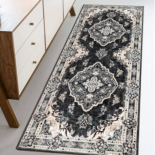 Black Runner Rug Washable 2x6 Area Rugs Non Slip Low-Pile Floral | Long Throw Carpet for Hallways Entryway Kitchen Bathroom Bedside Bedroom Laundry Boho Soft Indoor Vintage Bohemian Flowers - color: Black, size: 2' x 6' (Rectangular)