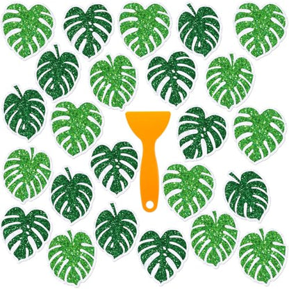 Yaomiao 24 Pcs Palm Leaf Non Slip Bathtub Stickers with Scraper | Shiny, Sparkle, Glitter, Peva, 4.53inch, Easy Apply, No Residue, for Bathroom, Shower Stairs Floor, Safety,Cute, Grip - style: Palm Leaf