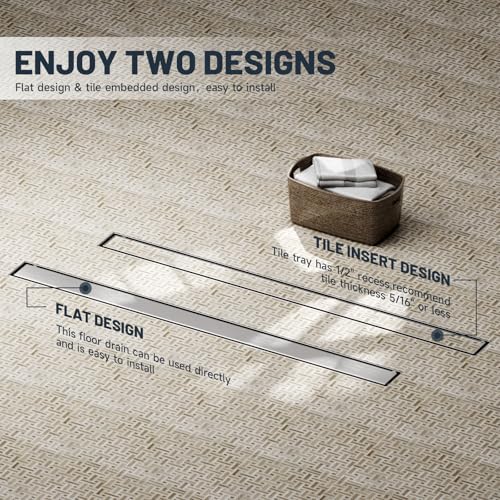 Linear Shower Drain 36 Inch Shower Trench Drain with Tile Insert Grate | Evolvegoods 304 Stainless Steel Bathroom Floor Drain,Rectangular Shower Drain with Leveling Feet,Hair Strainer,Brushed Nickel - size: 36 Inches