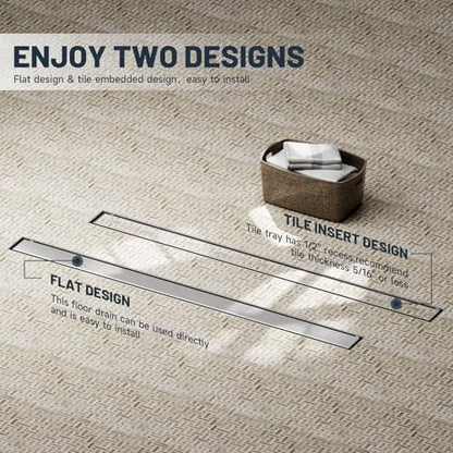 Linear Shower Drain 36 Inch Shower Trench Drain with Tile Insert Grate | Evolvegoods 304 Stainless Steel Bathroom Floor Drain,Rectangular Shower Drain with Leveling Feet,Hair Strainer,Brushed Nickel - size: 36 Inches