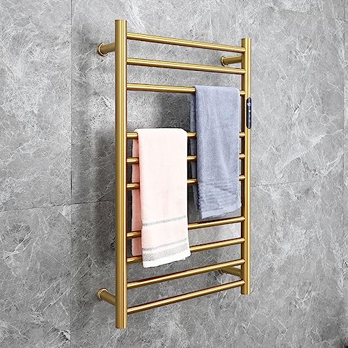Electric Towel Warmer Gold,Heated Towel Rack Free Standing & Wall Mounted Towel Racks for Bathroom 304 Stainless Steel Radiator 10 Bars Bath Towel Heater with Built-in Timer,Plug-in - color: Gold