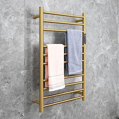 Electric Towel Warmer Gold,Heated Towel Rack Free Standing & Wall Mounted Towel Racks for Bathroom 304 Stainless Steel Radiator 10 Bars Bath Towel Heater with Built-in Timer,Plug-in - color: Gold