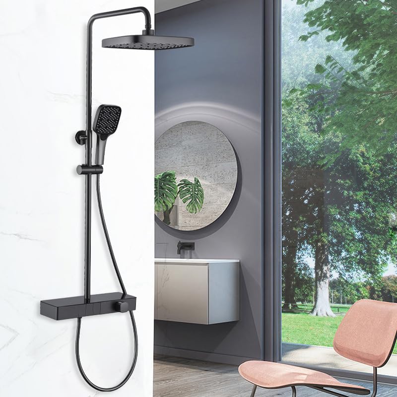 Thermostatic Dual Handle Shower System with Brass Construction Chrome Brushed Finish Ceramic Valve Core Rain Spray Shower Set