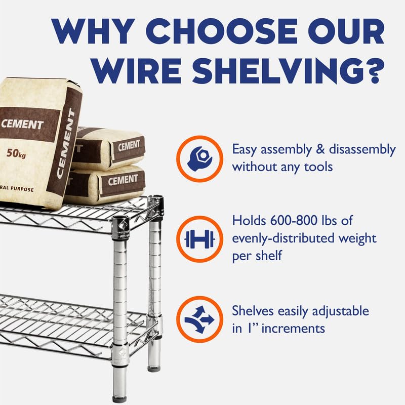 Shelving Inc. 8" d x 30" w x 34" h Chrome Wire Shelving with 3 Tier Shelves | Weight Capacity 800lbs Per Shelf, Durable Kitchen and Garage Storage Shelves, Adjustable Shelf Organizer Storage Rack - size: 8" d x 30" w x 34" h