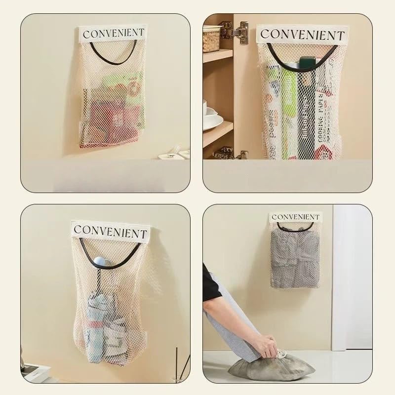 1 Pack Mesh Storage Bag Wall Mounted Hanging Organizer, Breathable Kitchen Garbage Bag Holder for Bathroom Cabinet Door Household Storage