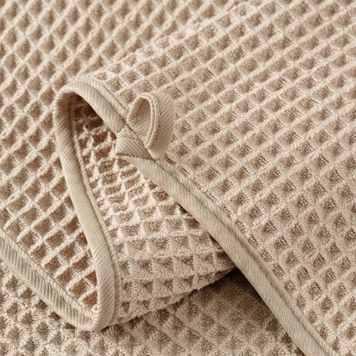 MICROFI New Microfiber Waffle Bath Towels, 2 Pieces, Soft, Absorbent, Fast Drying, Lint Free 430 GSM (30''x60''/76cm x 152cm) - color: Beige Striped