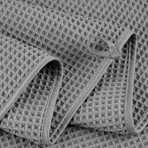 POLYTE 430 GSM Poly Blend Microfiber Quick Dry Waffle Bath Towel Set of 6 | 2-Body Towels, 2-Hand Towels, 2-Wash cloths, Oversize, Lint Free - color: Gray,light Beige