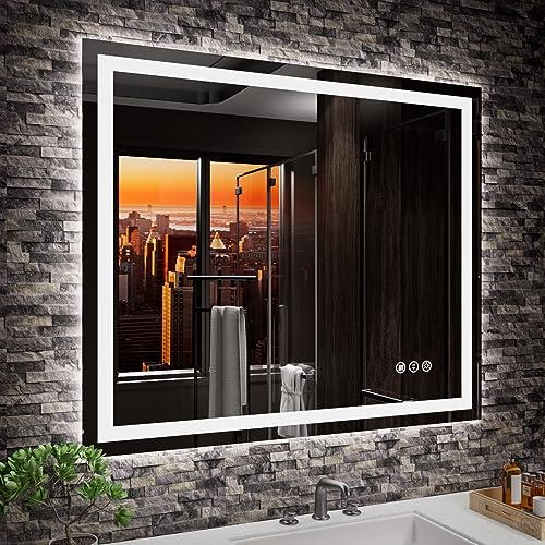Amorho LED Mirror for Bathroom, 36"x30" with Front Light and Backlight | Stepless Dimmable, Anti-Fog, Shatter-Proof, HD Reflection, Memory, 3 Colors Lighting, UL Listed (Horizontal/Vertical). - color: Front and Backlit, size: 36"L x 30"W