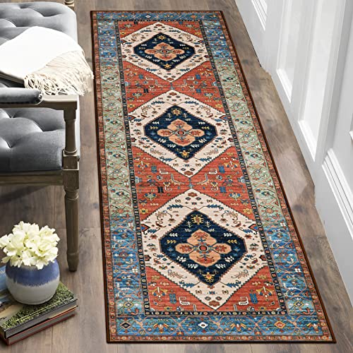 Lahome Boho 2x5 Hallway Runner Rug - Non-Slip Low-Pile Kitchen Washable Runner Oriental Distressed Throw Bathroom Rug Carpet for Entrance Bedroom Laundry Room Adelyn - color: Rust, size: 2' x 5' (Rectangular)