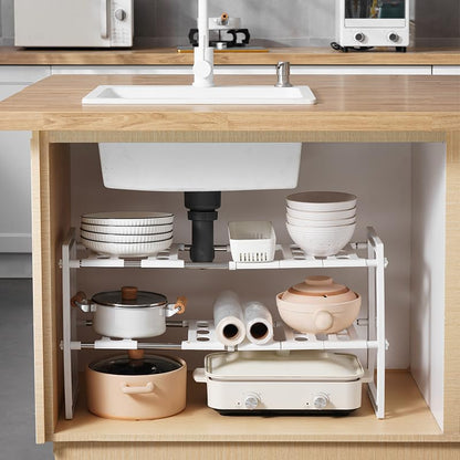 Expandable Under Sink Organizer, 2-Tier, White | Adjustable Cabinet Shelf, PP and Stainless Steel