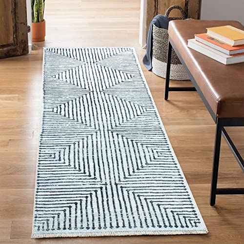 Bloom Rugs Caria Washable Non-Slip 7 ft Runner - Ivory/Black Striped Runner for Entryway, Hallway, Bathroom, and Kitchen - Exact Size: 2'6" x 7' - color: Ivory / Black, size: 2'6" x 7' (Runner)
