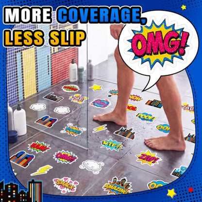 Fullhawl 30 Pcs Hero Non Slip Bathtub Stickers, Comic Style with Scraper | Textured PEVA Grip Decals, Bold Hero Comic Art, for Smooth Tubs and Showers, Application Scraper Included - style: Comic Pop