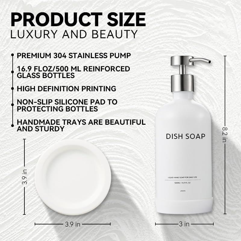 Glass Soap Dispenser Bathroom Set by Janxin, Foaming Kitchen soap Dispenser with Ceramic Tray for Dish Soap, Liquid Soap Dispenser for Hand Soap, Lotion, Body Wash (White+Silver) - color: White Silver D