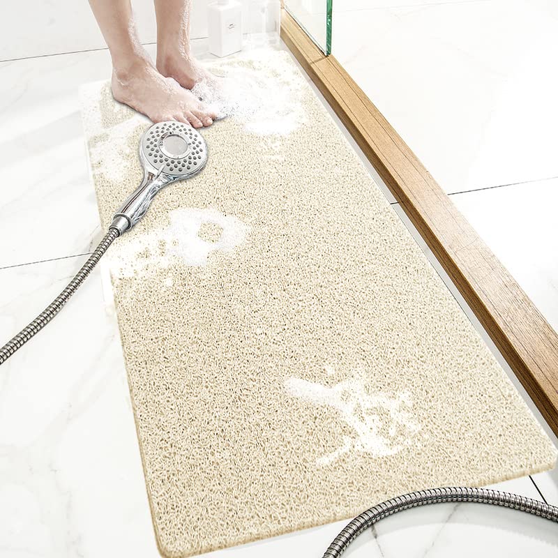 SONGZIMING Shower Mat Non Slip Without Suction Cup, 32x17 Inch PVC Loofah Shower, Bath, Tub Mat with Drain for Textured Surface, Quick Drying (Beige) - color: Beige, size: 32" x 17" (Rectangular)