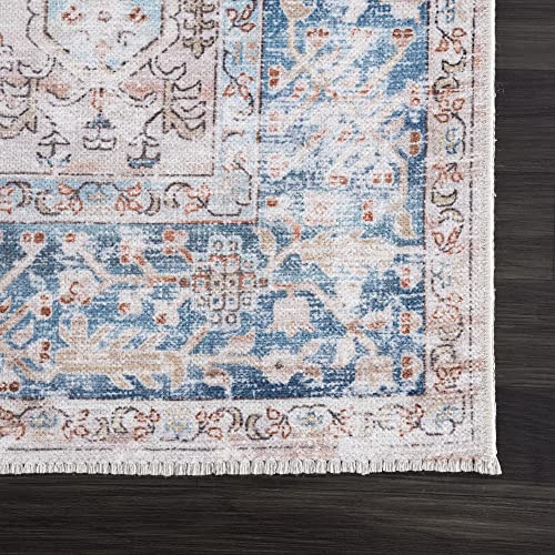 Bloom Rugs Caria Washable Non-Slip 7 ft Runner - Beige/Ocean Blue Traditional Runner for Entryway, Hallway, Bathroom, and Kitchen - Exact Size: 2'6" x 7' - color: Beige / Ocean Blue, size: 2'6" x 7' (Runner)