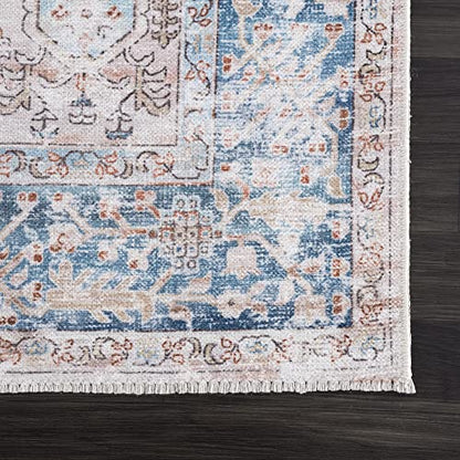 Bloom Rugs Caria Washable Non-Slip 6x9 Rug - Beige/Ocean Blue Traditional Area Rug for Living Room, Bedroom, Dining Room, and Kitchen - Exact Size: 6' x 9' - color: Beige / Ocean Blue, size: 6' x 9' (Rectangular)