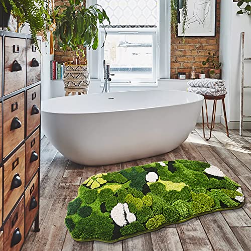 Hifuwan Cute Green Moss Bathroom Runner Rugs, Plant Leaf Bath Mats 20 x 43 | Boho Aesthetic, Long Rectangular Shaggy Non Slip, Machine Washable, Absorbent Bathmats for Bedroom, Shower Floor, Home Decor - size: 1'8" x 3'7" (Rectangular)