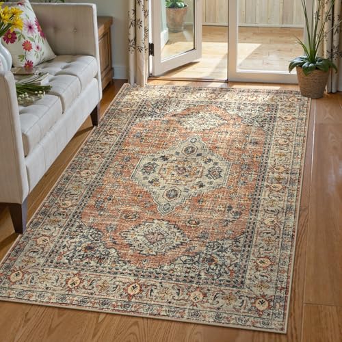 Lahome Oriental Washable Rug, 3x5 Rugs for Bedroom Living Room Entryway, Vintage Ultra-Thin Non-Slip Soft Throw Carpet for Kitchen Office Entrance Eleanor, Peach/Orange - color: Terracotta, size: 3' x 5' (Rectangular)