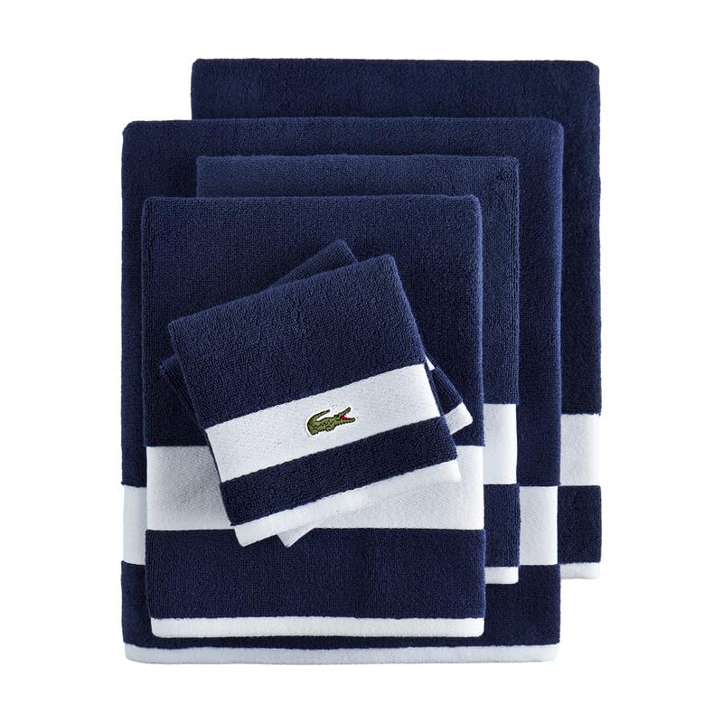 Lacoste Sport Stripe 6-Piece Luxury Cotton Towel Set – Made with 100% Soft Supima Cotton, Absorbent & Quick-Drying, Includes 2 Bath Towels, 2 Hand Towels, 2 Washcloths, Navy - color: Navy