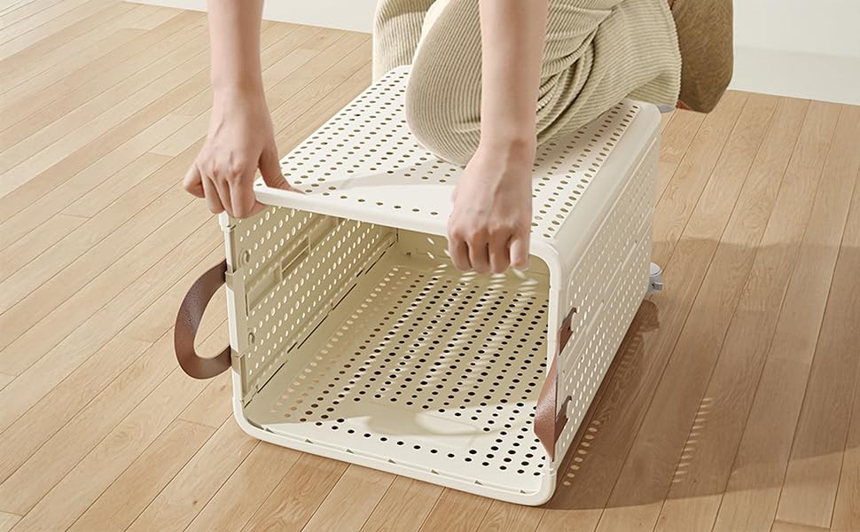 Slim Rolling Laundry Basket with Wheels Plastic Foldable Dirty Clothes Hamper Large Capacity Breathable Mesh Laundry Bin with Leather Handles for Narrow Space Bathroom White M