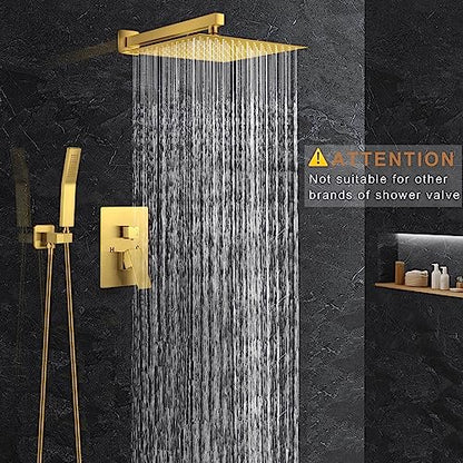 JOMEOO® 12 Inch Brushed Gold Shower System, Wall Mounted High Pressure Rain Shower Head with Handheld Sprayer, Bathroom Luxury Gold Shower Head Shower Faucet Set Rough in Valve Body and Trim - color: Brushed Gold