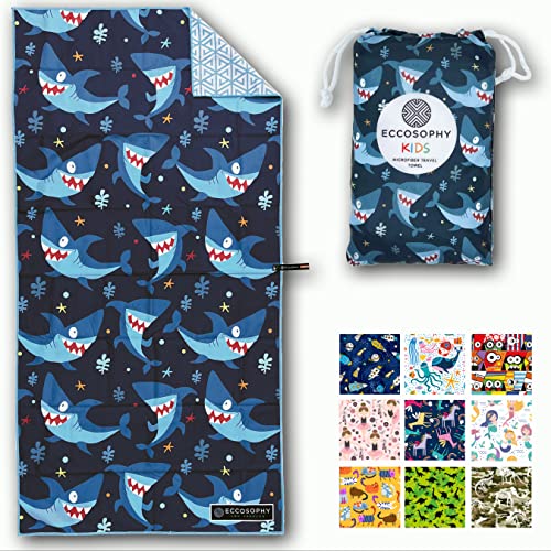 Microfiber Kids Toddler Beach Towel, Quick Dry, Sand Free, 60x30 | Pool towel, ultra-soft, girls and boys, travel pouch, camping travel vacation, toallas playas - color: Sharks