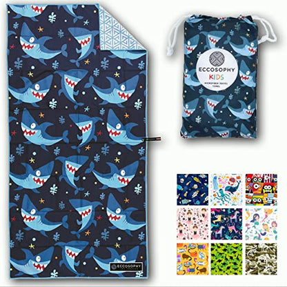 Microfiber Kids Toddler Beach Towel, Quick Dry, Sand Free, 60x30 | Pool towel, ultra-soft, girls and boys, travel pouch, camping travel vacation, toallas playas - color: Sharks