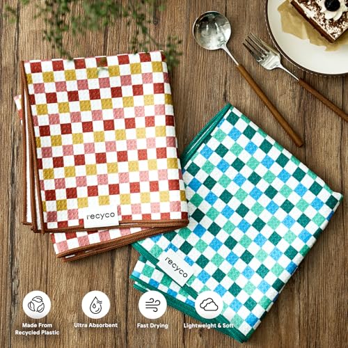 RECYCO Waffle Kitchen Towel Set of 2 - Quick Dry Microfiber Sustainable Dish Towels - Ultra Absorbent Reusable Cleaning Tea Towels - Lightweight Hand Towels,16”x 28”, Checkerboard Bliss - color: Checkerboard Bliss