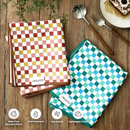 RECYCO Waffle Kitchen Towel Set of 2 - Quick Dry Microfiber Sustainable Dish Towels - Ultra Absorbent Reusable Cleaning Tea Towels - Lightweight Hand Towels,16”x 28”, Checkerboard Bliss - color: Checkerboard Bliss