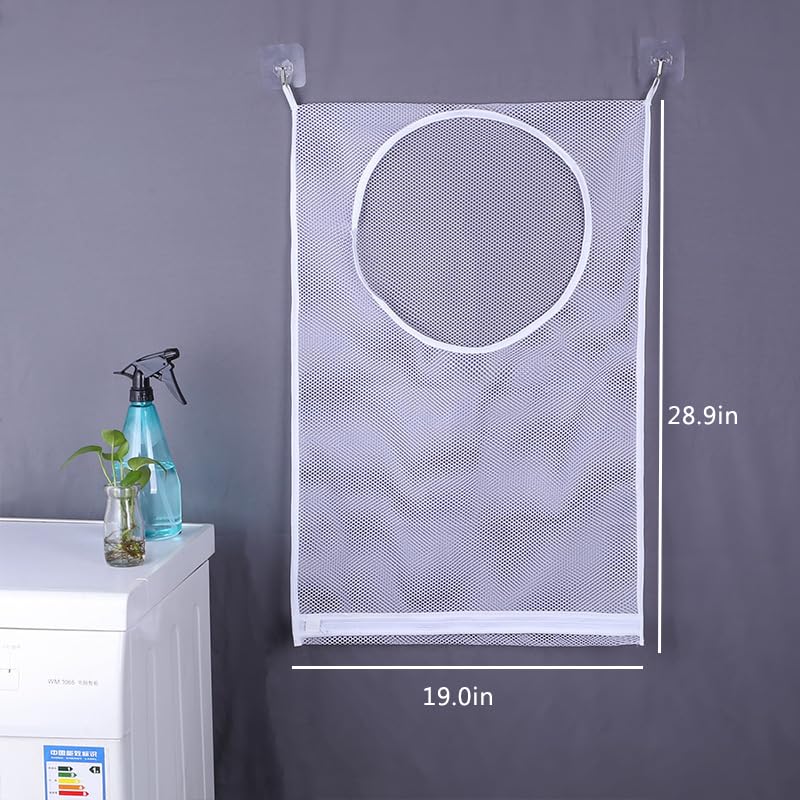 Hanging Laundry Hamper, Over the Door Laundry Hamper with Adhesive Hooks and Zipper for Bathroom and Bedroom, Whtie