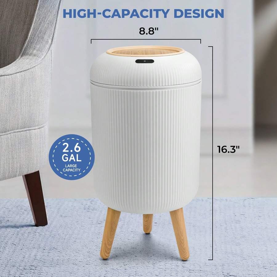 Smart Sensor Trash Can Hands-Free Auto Open Lid Odor Seal | Infrared Motion Sensor, Waterproof Plastic, 6-Second Auto Close, Versatile Indoor Use, Wooden Legs Design