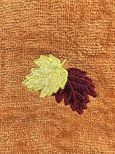 Fall Bathroom Leaf Fingertip Towels: Embroidered Gold Burgundy Leaves on Rust Orange, 2 Piece Bath Set, 12 x 18 Inches Each - color: Rust
