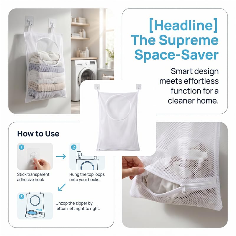 Hanging Laundry Hamper, Over the Door Laundry Hamper with Adhesive Hooks and Zipper for Bathroom and Bedroom, Whtie