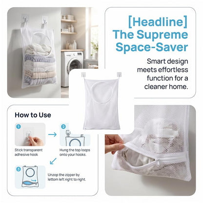 Hanging Laundry Hamper, Over the Door Laundry Hamper with Adhesive Hooks and Zipper for Bathroom and Bedroom, Whtie