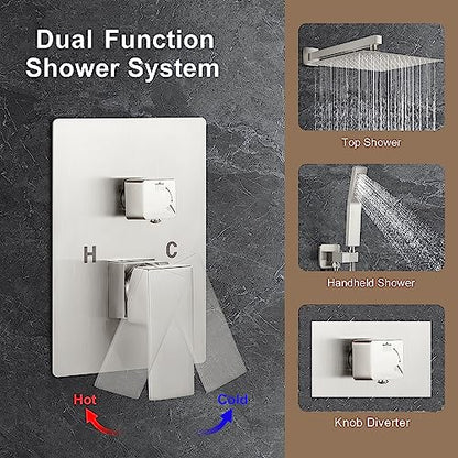 JOMEOO® 12 Inch Brushed Nickel Shower System, Wall Mounted High Pressure Rain Shower Head with Handheld Sprayer, Bathroom Luxury Rainfull Shower Head Shower Faucet Set Rough in Valve Body and Trim - color: Brushed Nickel