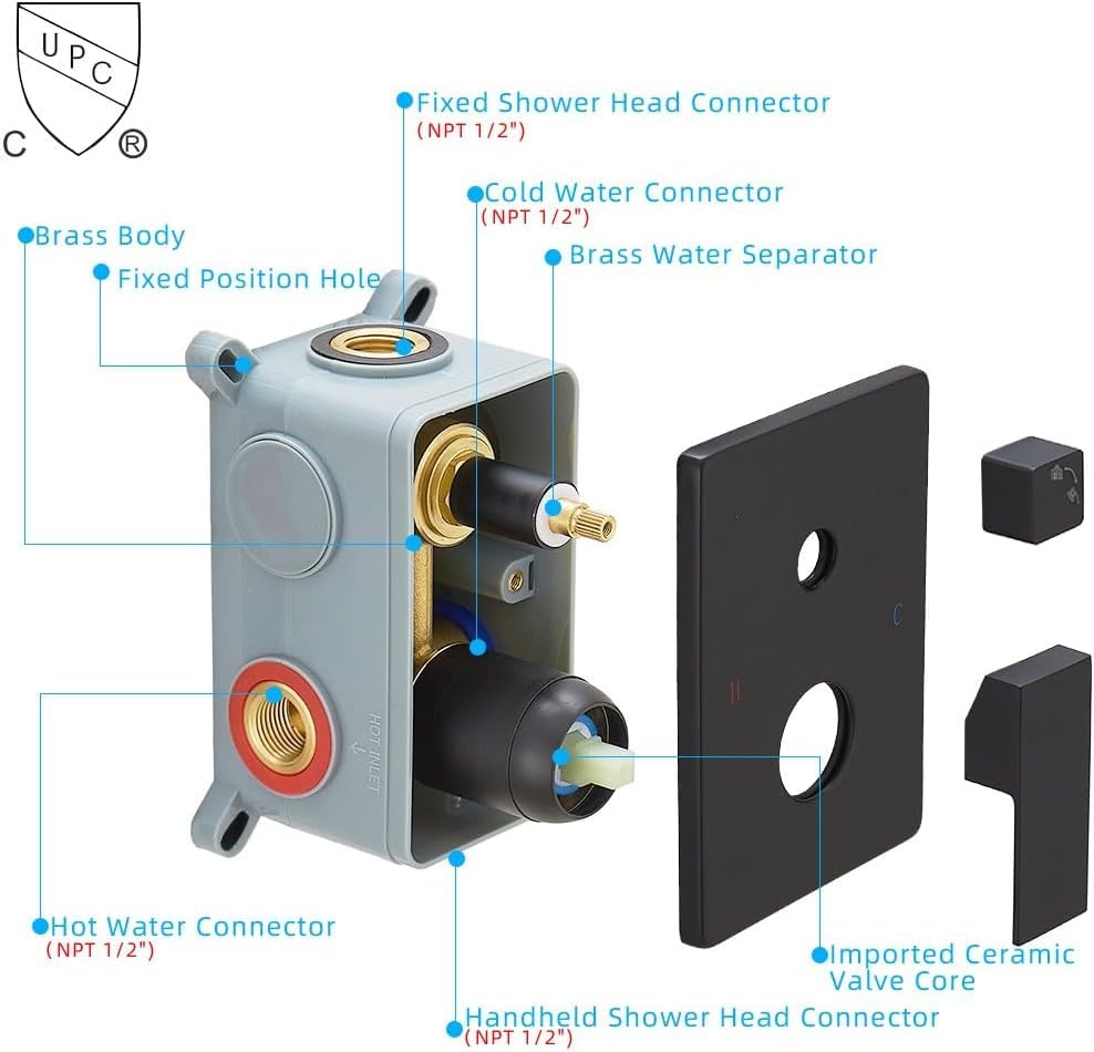 Matte Black Shower System Bathroom Rainfall Shower Faucet Set Complete Wall Mounted 6 Inch Shower Head and Handle Set with Rough-in Valve Body and Trim Kit - color: Matte Black, size: 6 Inch
