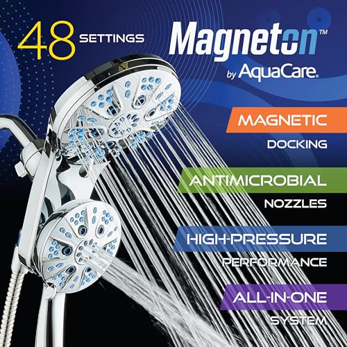 AquaCare Magneton 48-Mode High Pressure Rain & Handheld Shower Head Combo | Space-age Magnetic Guidance Docking, Dual 6-mode Heads with Hygienic Jets, Extra-long 6 ft. Stainless Steel Hose / Chrome - color: Chrome
