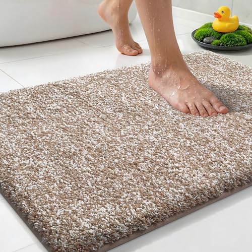 Yimobra Cushioned Anti-Fatigue Bathroom Rug, Bath Mat Non Slip Washable, Dense Soft Microfiber for Bathroom Sink, Shower, Tired Feet Comfort, Absorbent, 24" X 17", Brown and White - color: Brown and White, size: 24" X 17"